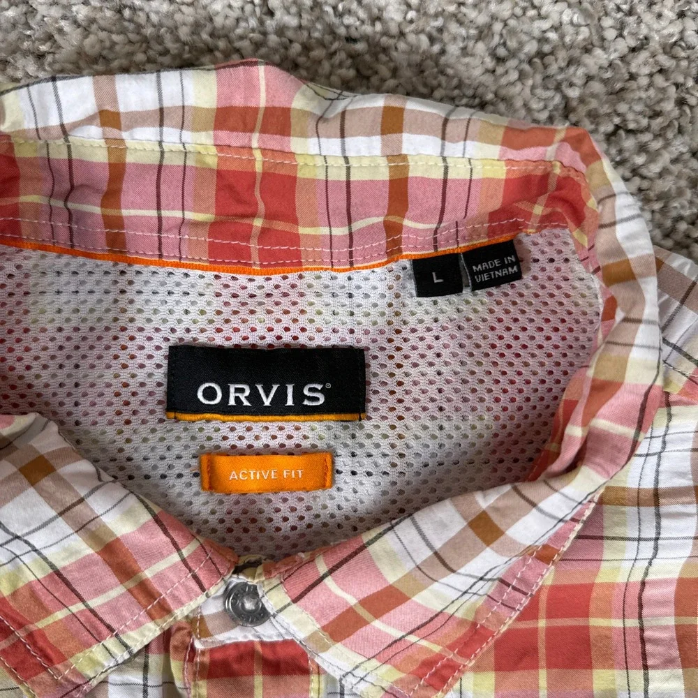Orvis Shirt Mens Medium Orange Plaid‎ Active Fit Ventilated Fishing Button Down